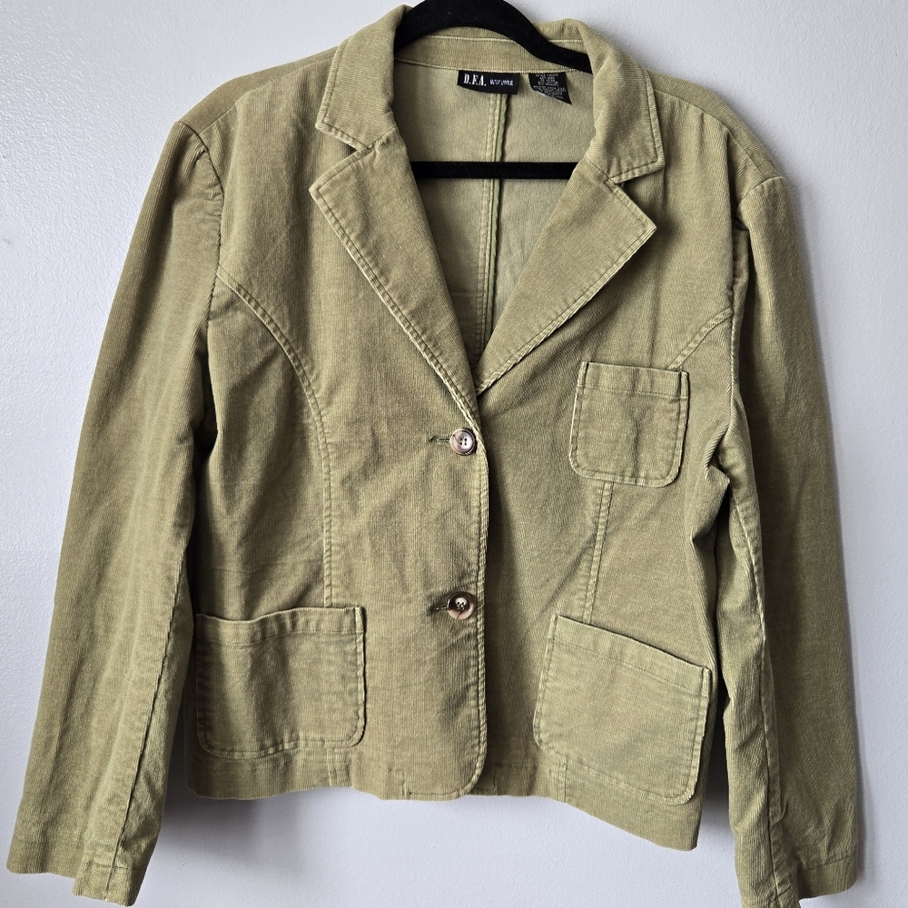 D.F.A. New York Green Corduroy Blazer Jacket Cropped Button Front Workwear
